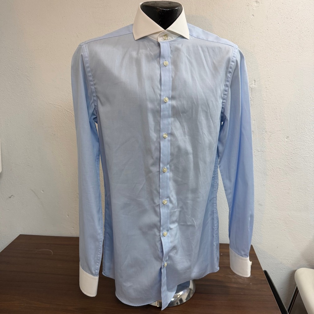 Charles Tyrwhitt Dress Shirt Men 15/35 Blue Contrast Flip Cuff Extra Slim Fit